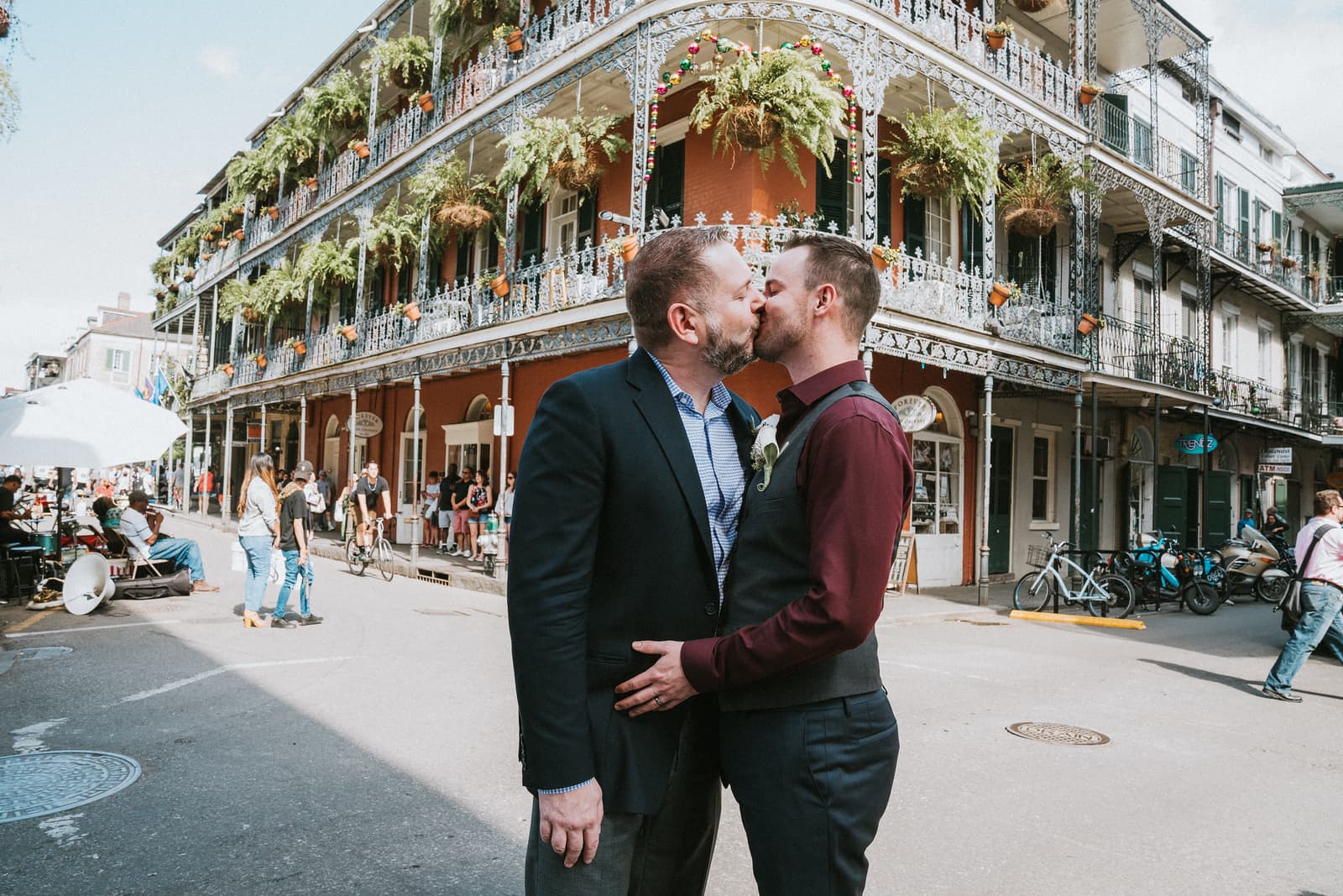 Two grooms after their elopement ceremony in the French Quarter of New Orleans, Louisiana.