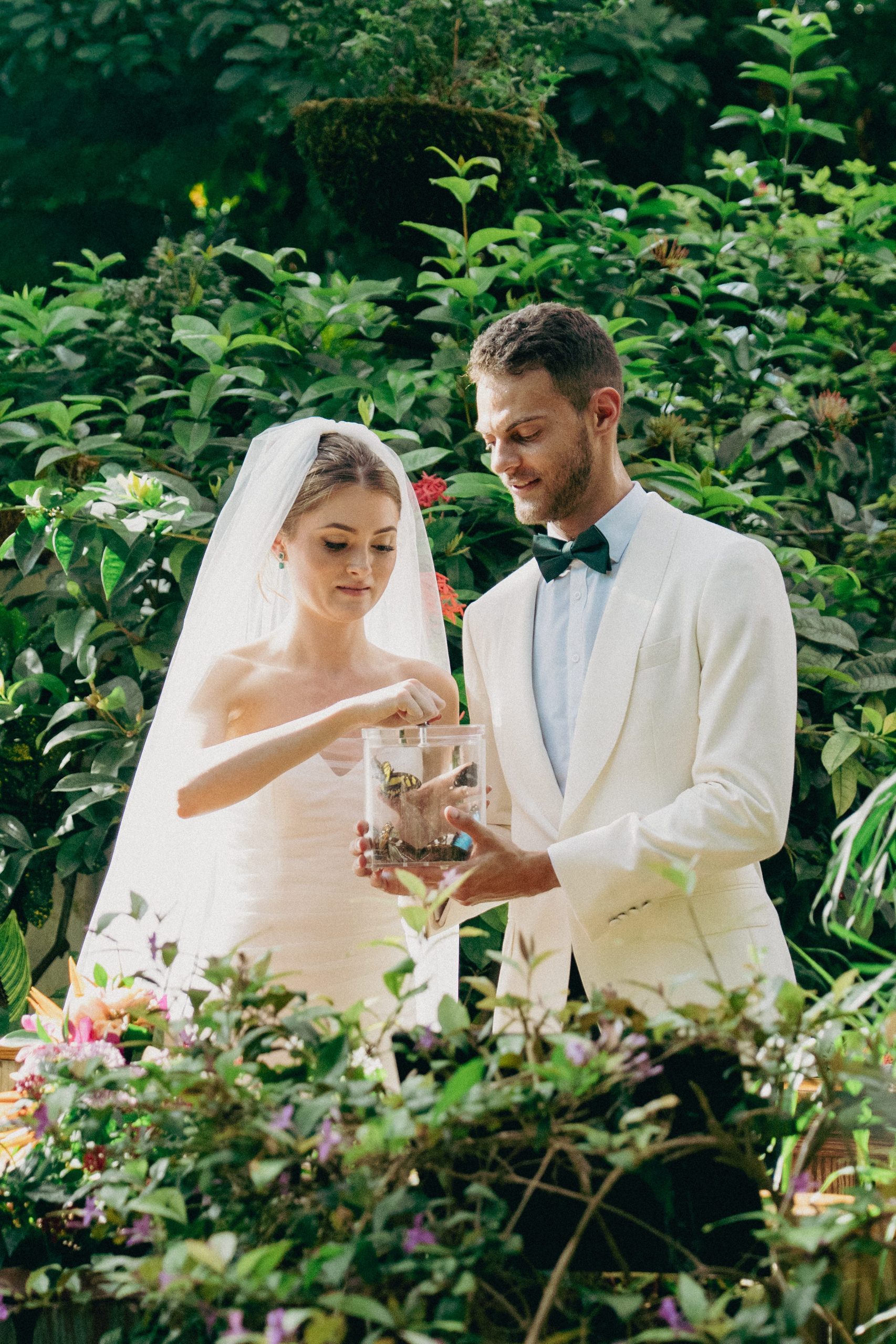 Bride and groom release butterflies during an intimate elopement at a butterfly conservatory, surrounded by lush greenery and flowering plants.